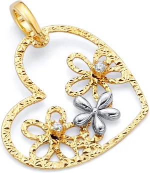 14k REAL Two Tone Gold CZ Flower Heart Charm Pendant