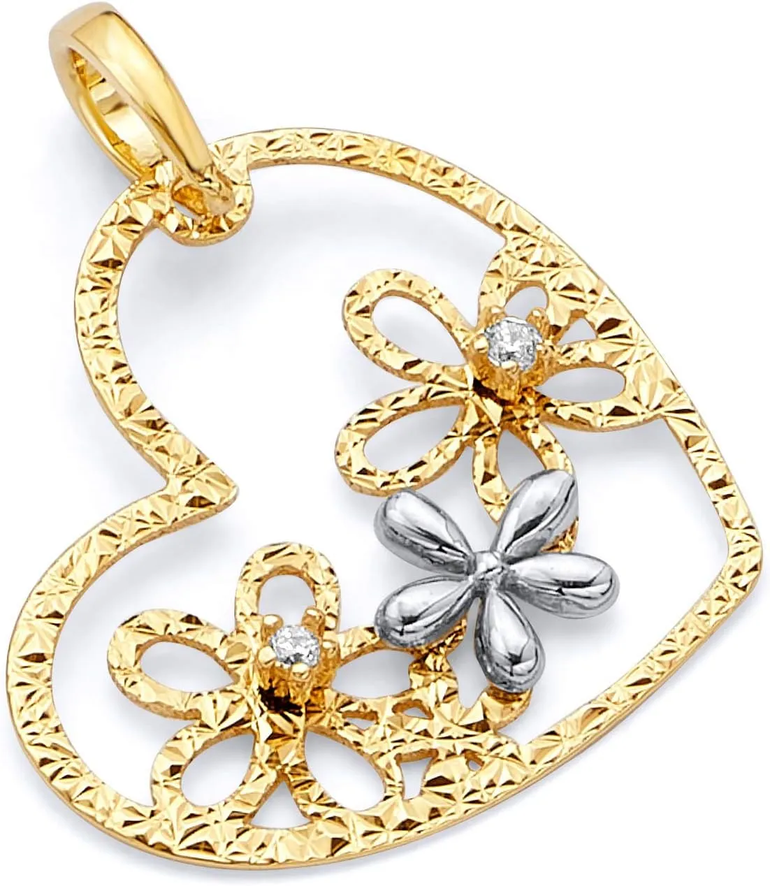 14k REAL Two Tone Gold CZ Flower Heart Charm Pendant