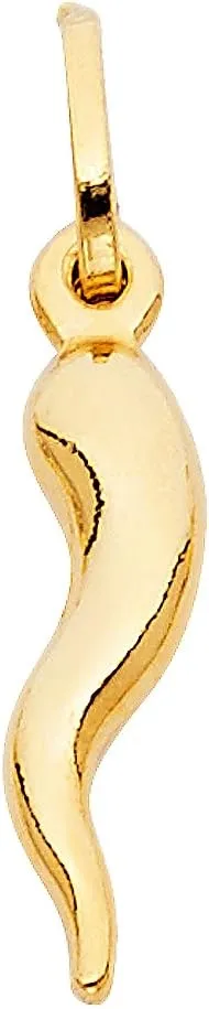 14k REAL Yellow Gold Cornicello Italian Horn Pendant with 1.2mm Singapore Chain Necklace