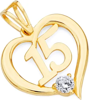 14k REAL Yellow Gold CZ 15 Years Heart Charm Pendant