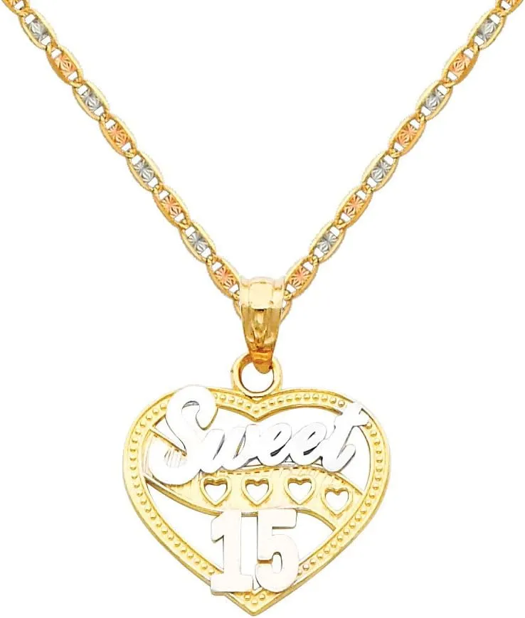 14k Two Tone Gold 15 Aos Heart Pendant with 1.5mm Valentino Diamond Cut Chain Necklace