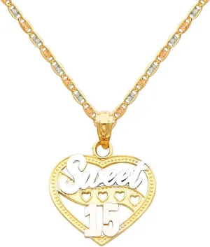14k Two Tone Gold 15 Aos Heart Pendant with 1.5mm Valentino Diamond Cut Chain Necklace