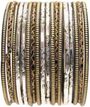 18 Individual Glass Bangles Size 2.10 ML: Black Gold Silver Elegant Sari Bracelets Bollywood Belly Dance Fashion Jewelry Set