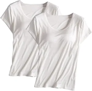 2 Pack of Built-in Bra T-Shirt for Womens Solid Color Padded Active Tops Comfy Short Sleeve Yoga Athletic Tees