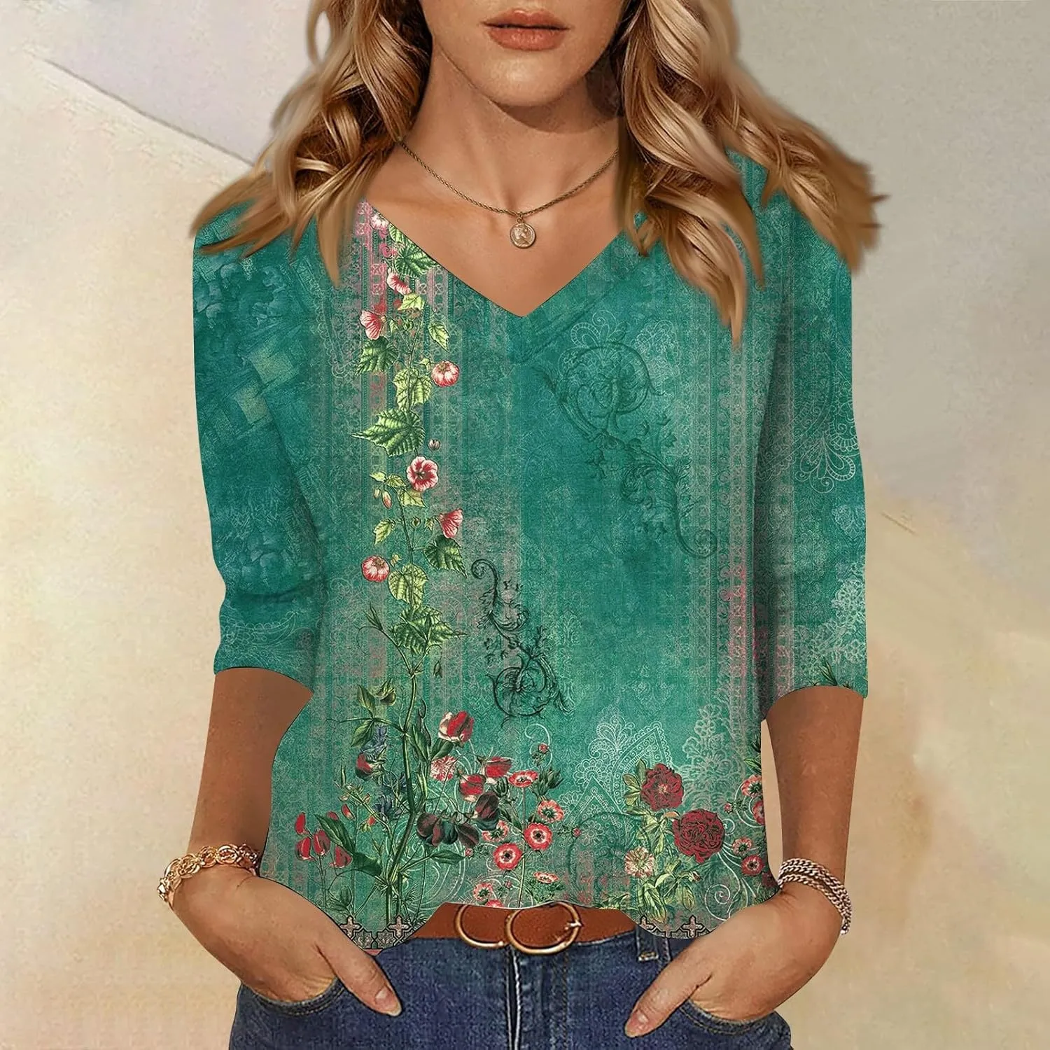 3/4 Length Sleeve Womens Tops Boho Printed V Neck T Shirts Cozy Casual Loose Plus Size Shirts