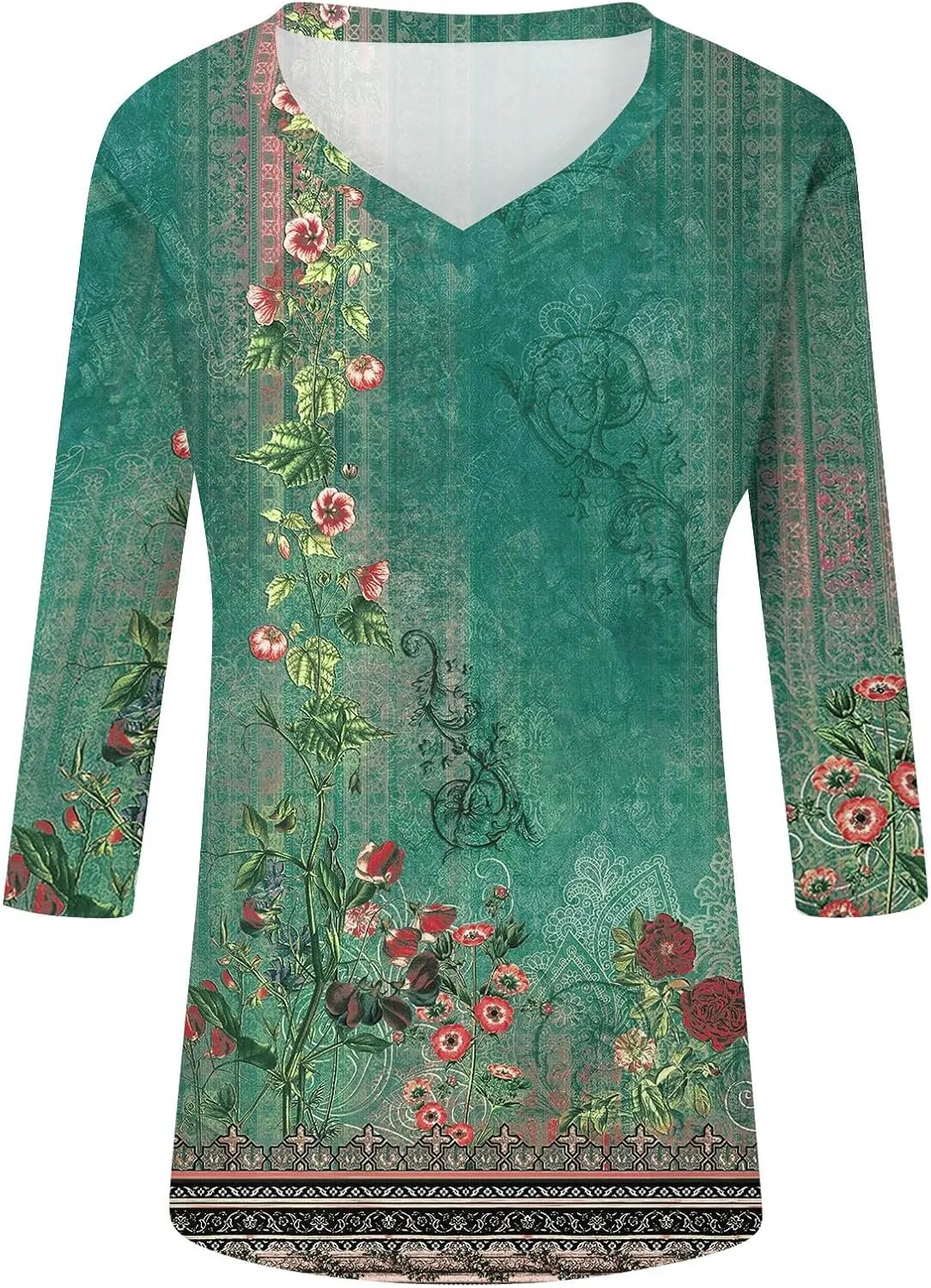 3/4 Length Sleeve Womens Tops Boho Printed V Neck T Shirts Cozy Casual Loose Plus Size Shirts