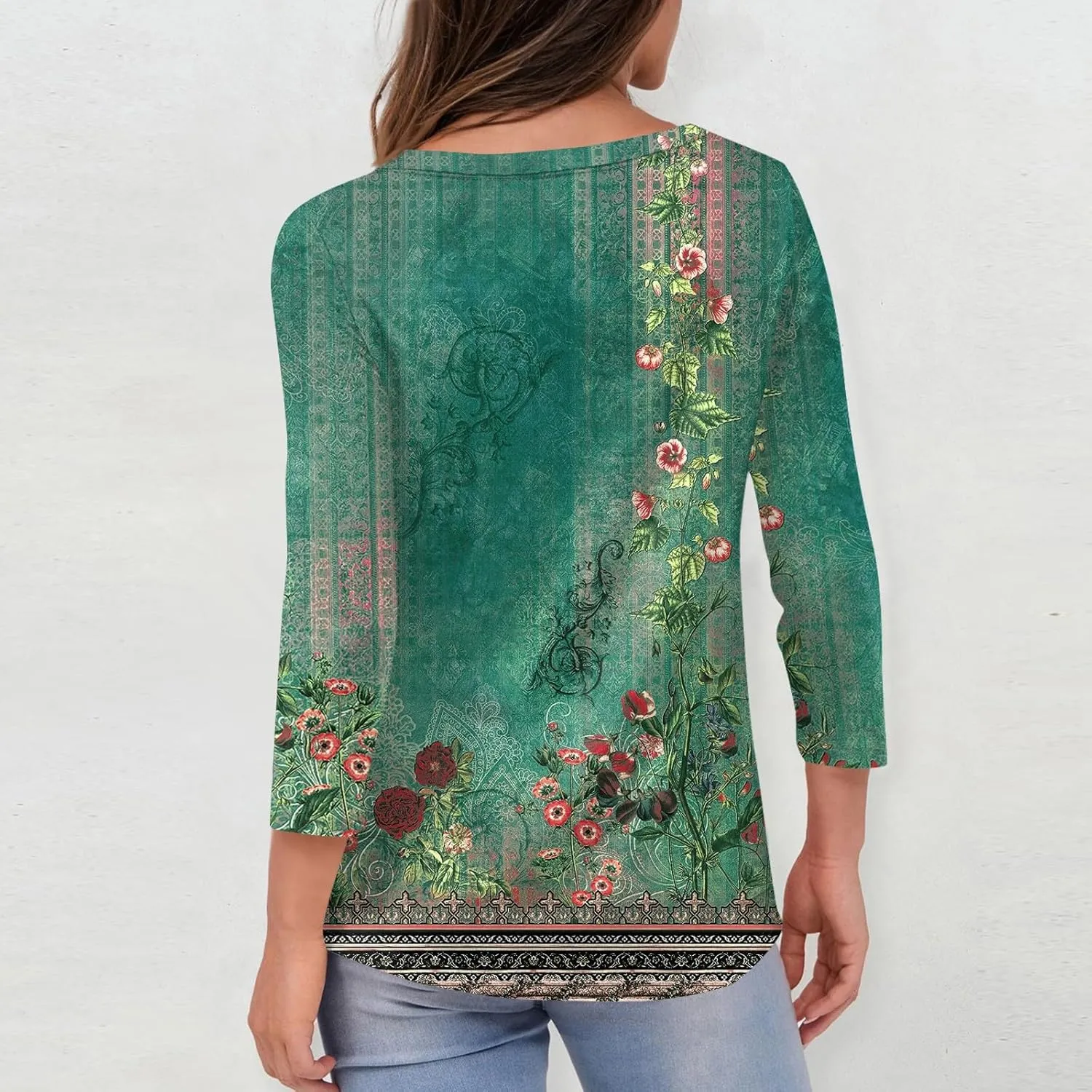 3/4 Length Sleeve Womens Tops Boho Printed V Neck T Shirts Cozy Casual Loose Plus Size Shirts