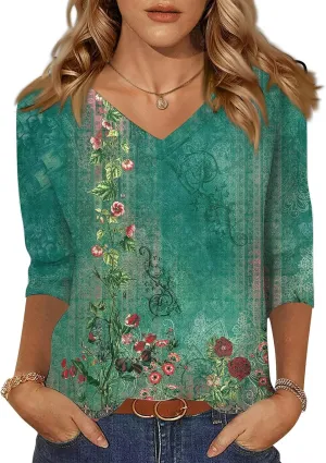 3/4 Length Sleeve Womens Tops Boho Printed V Neck T Shirts Cozy Casual Loose Plus Size Shirts