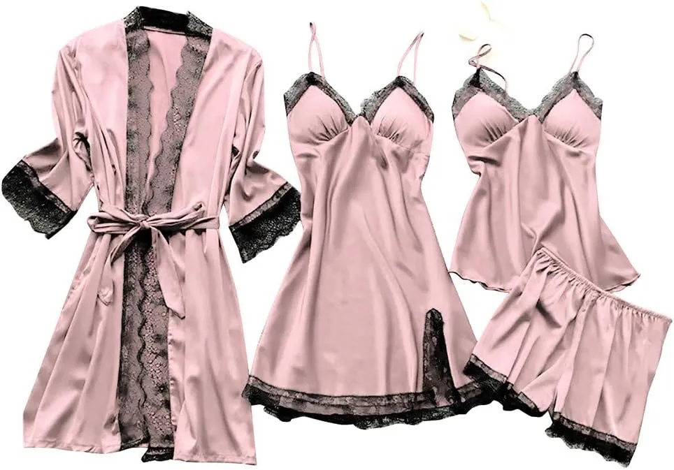 4Pcs Womens Lace Satin Pajamas Robes Set Pajamas Sexy Cami Shorts Silk Sleepwear Fashion Comfortable Pjs Outfits