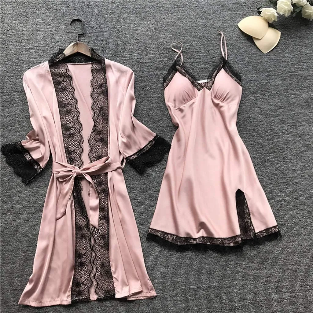 4Pcs Womens Lace Satin Pajamas Robes Set Pajamas Sexy Cami Shorts Silk Sleepwear Fashion Comfortable Pjs Outfits