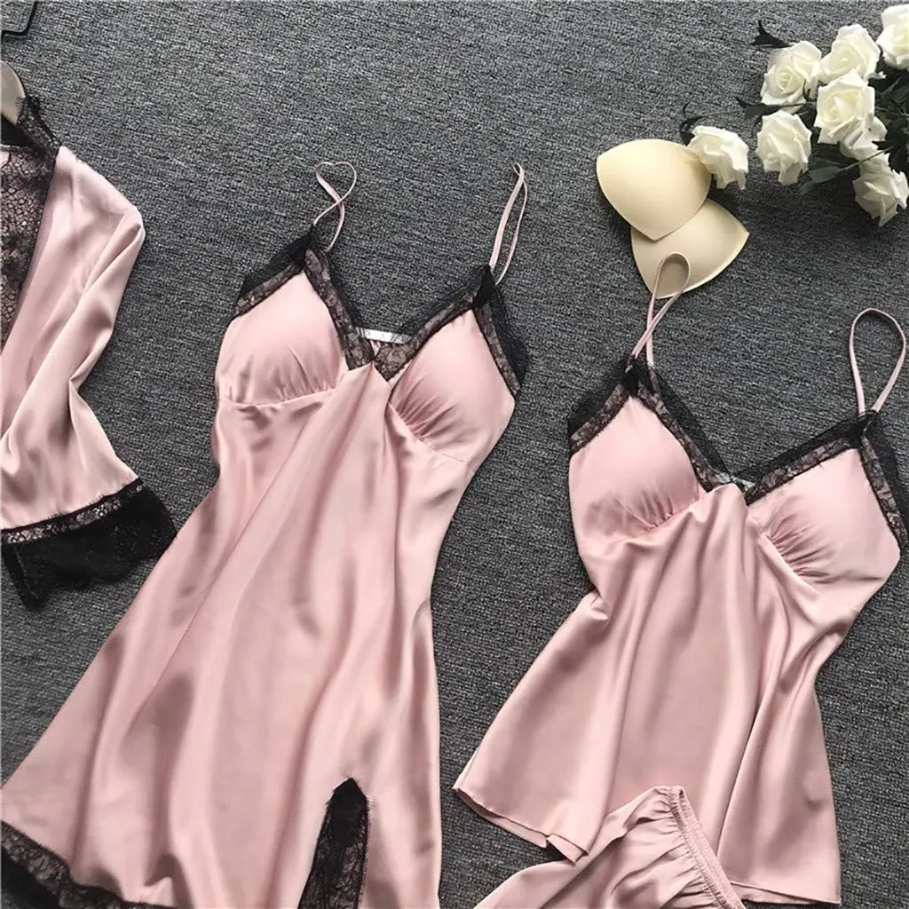 4Pcs Womens Lace Satin Pajamas Robes Set Pajamas Sexy Cami Shorts Silk Sleepwear Fashion Comfortable Pjs Outfits