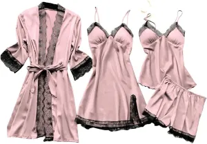 4Pcs Womens Lace Satin Pajamas Robes Set Pajamas Sexy Cami Shorts Silk Sleepwear Fashion Comfortable Pjs Outfits