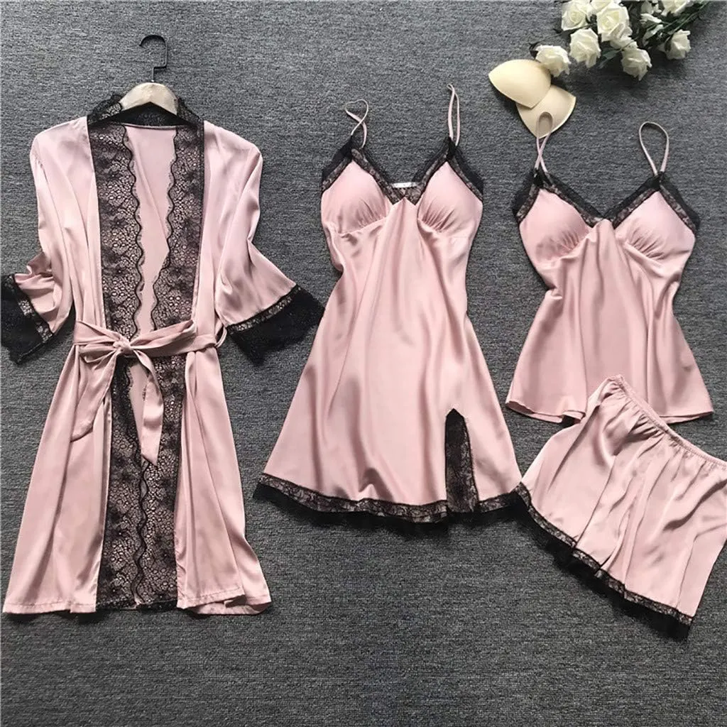 4Pcs Womens Lace Satin Pajamas Robes Set Pajamas Sexy Cami Shorts Silk Sleepwear Fashion Comfortable Pjs Outfits