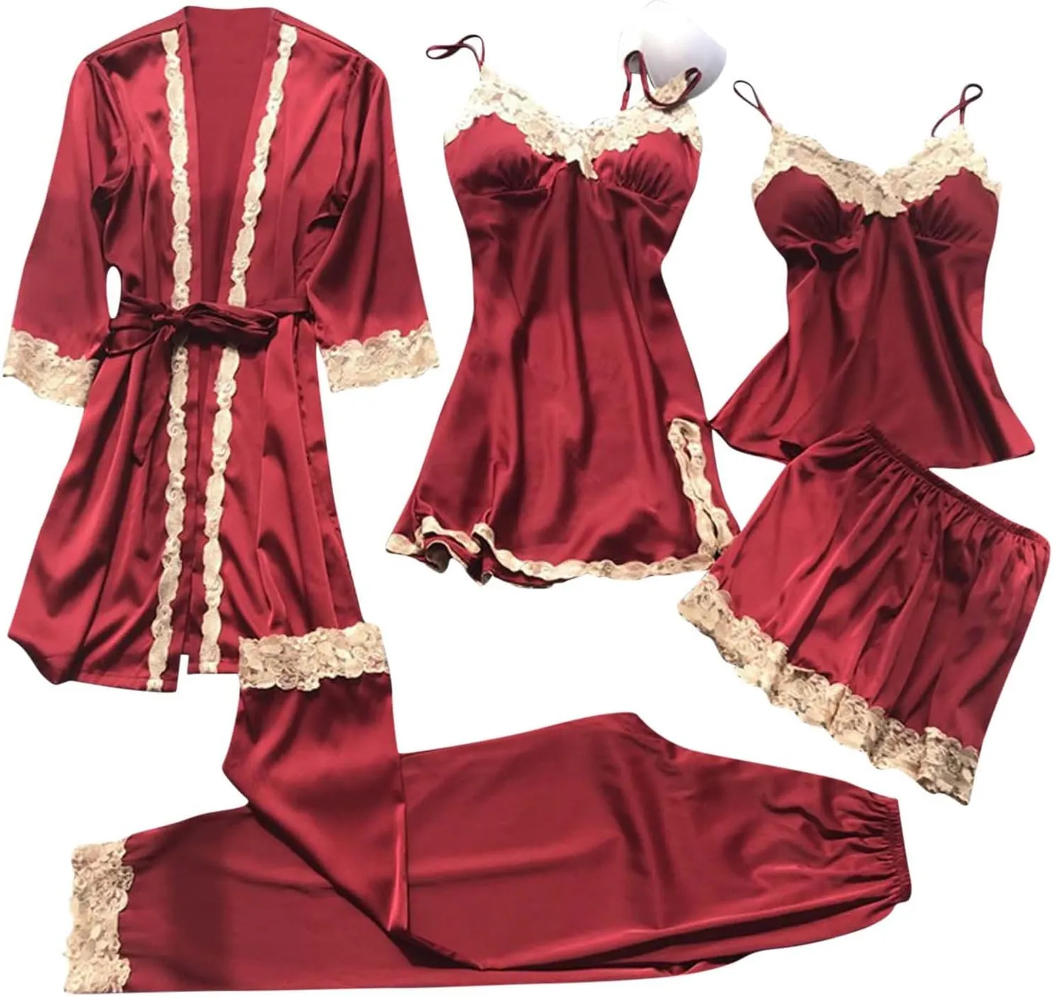 5 Piece Silk Pajama Sets for Women Satin Lace Pjs Lounge Set Sleepwear Cami Top Robes Nightgowns Shorts Pants Outfits
