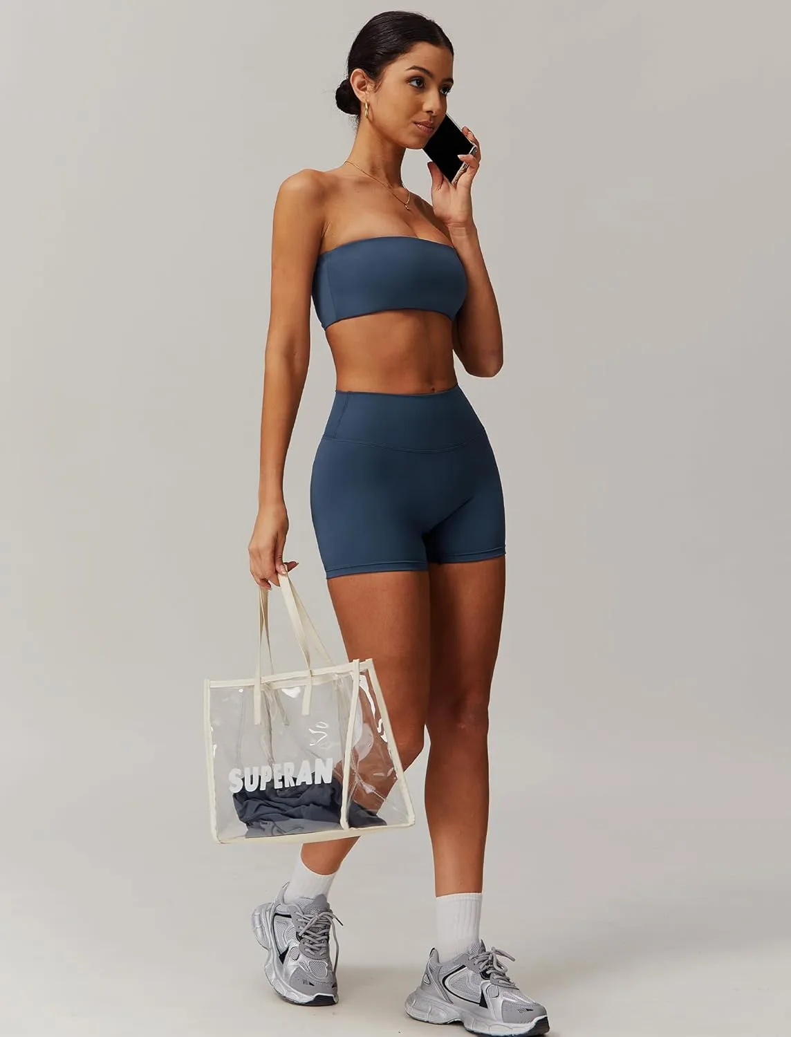 ABOCIW Women Workout Sets Bandeau Bralette Sports Bra Scrunch Butt Lifting High Waist Shorts 2 Piece Gym Yoga Outfits