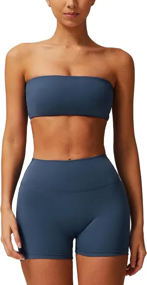 ABOCIW Women Workout Sets Bandeau Bralette Sports Bra Scrunch Butt Lifting High Waist Shorts 2 Piece Gym Yoga Outfits