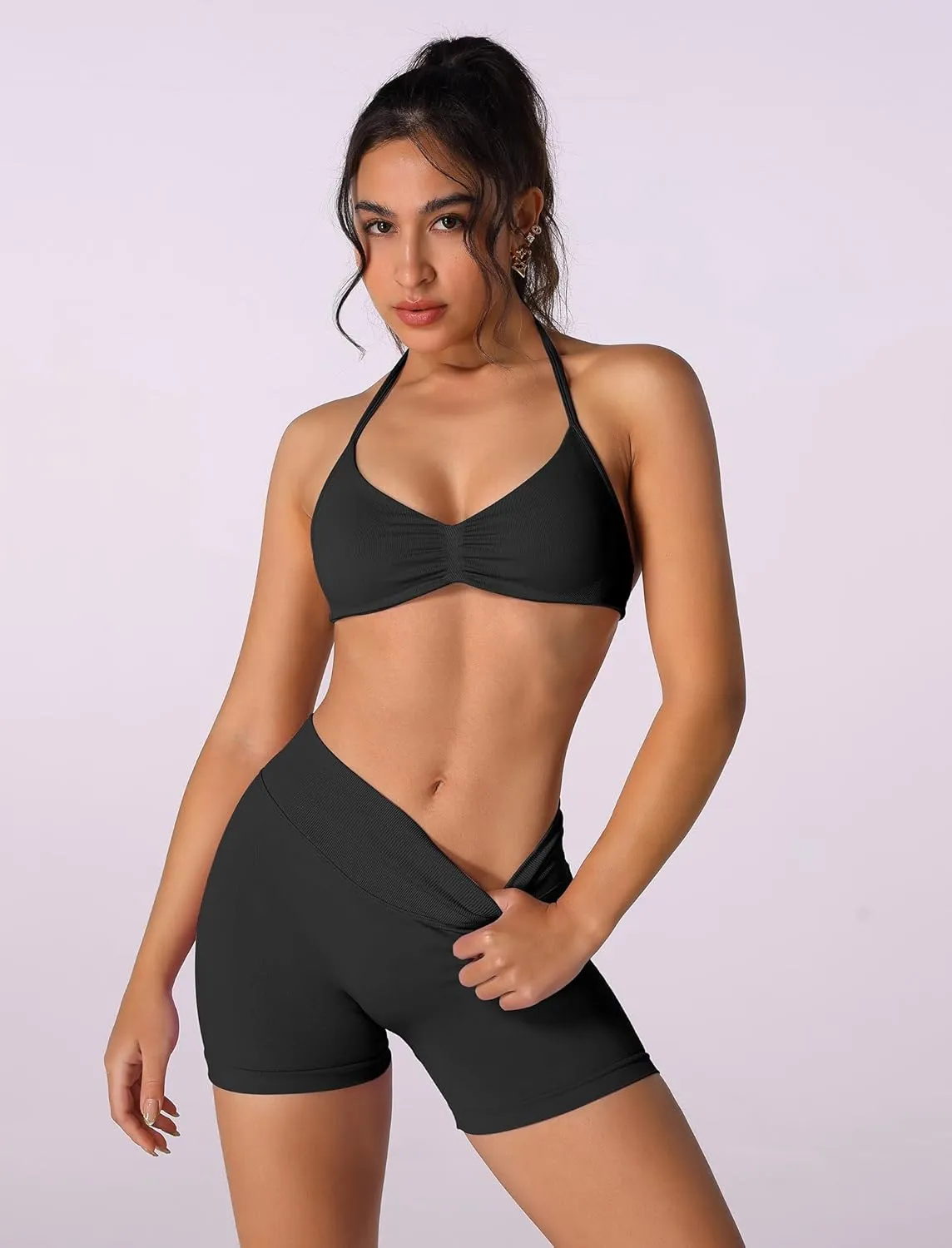 ABOCIW Womens Seamless Workout Sets 2 Piece Strappy Halter Sports Bra Scrunch Butt Shorts Gym Yoga Outfits