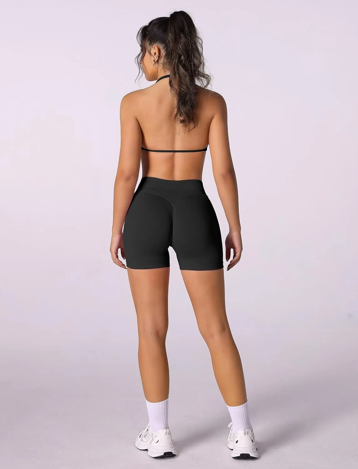ABOCIW Womens Seamless Workout Sets 2 Piece Strappy Halter Sports Bra Scrunch Butt Shorts Gym Yoga Outfits