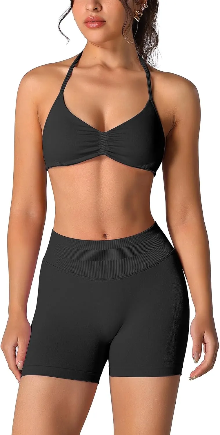 ABOCIW Womens Seamless Workout Sets 2 Piece Strappy Halter Sports Bra Scrunch Butt Shorts Gym Yoga Outfits
