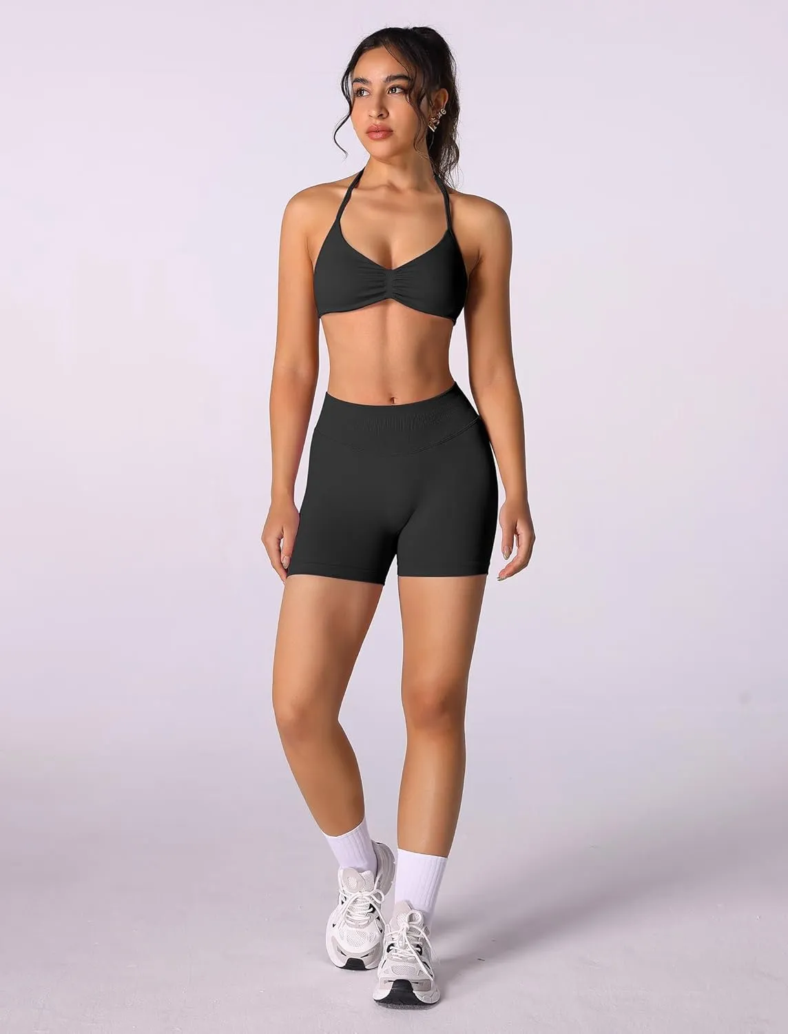 ABOCIW Womens Seamless Workout Sets 2 Piece Strappy Halter Sports Bra Scrunch Butt Shorts Gym Yoga Outfits