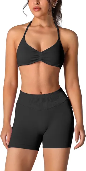ABOCIW Womens Seamless Workout Sets 2 Piece Strappy Halter Sports Bra Scrunch Butt Shorts Gym Yoga Outfits