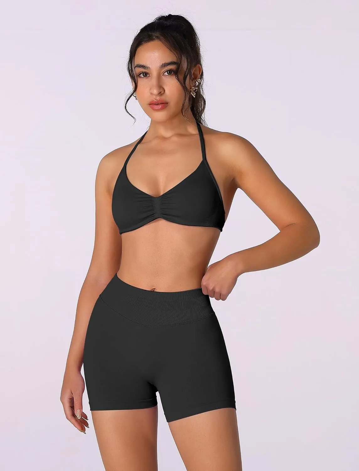 ABOCIW Womens Seamless Workout Sets 2 Piece Strappy Halter Sports Bra Scrunch Butt Shorts Gym Yoga Outfits