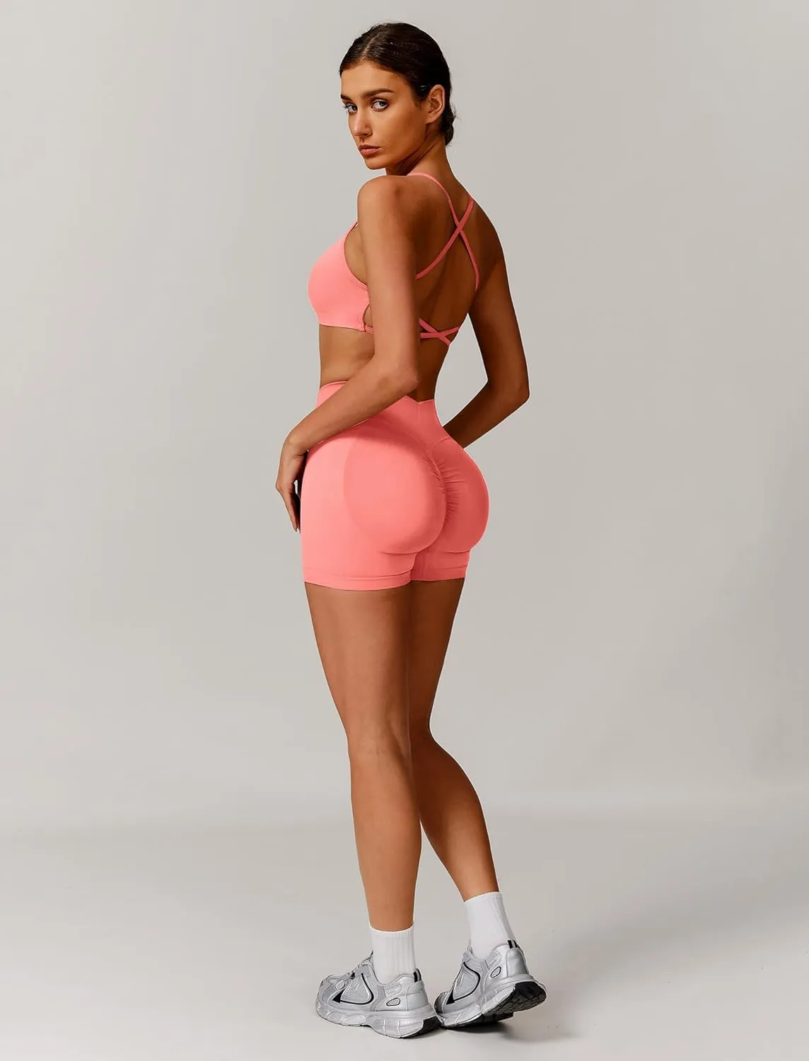 ABOCIW Womens Seamless Workout Sets Backless Sports Bra Scrunch Butt High Waist Gym Shorts 2 Piece Outfits