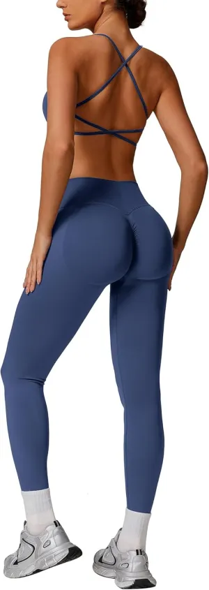 ABOCIW Womens Seamless Workout Sets Backless Sports Bra Scrunch Butt Lifting High Waist Leggings Matching Gym Set