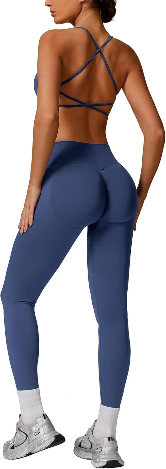ABOCIW Womens Seamless Workout Sets Backless Sports Bra Scrunch Butt Lifting High Waist Leggings Matching Gym Set