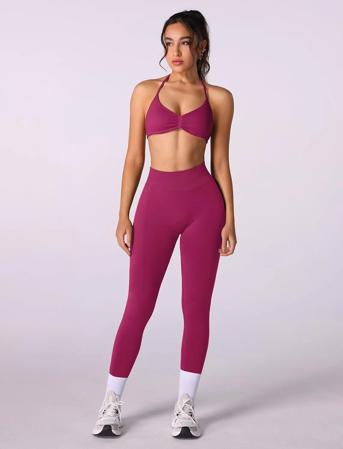 ABOCIW Workout Sets for Women 2 Piece Seamless Halter Sports Bra Scrunch Butt High Waist Leggings Gym Yoga Outfits