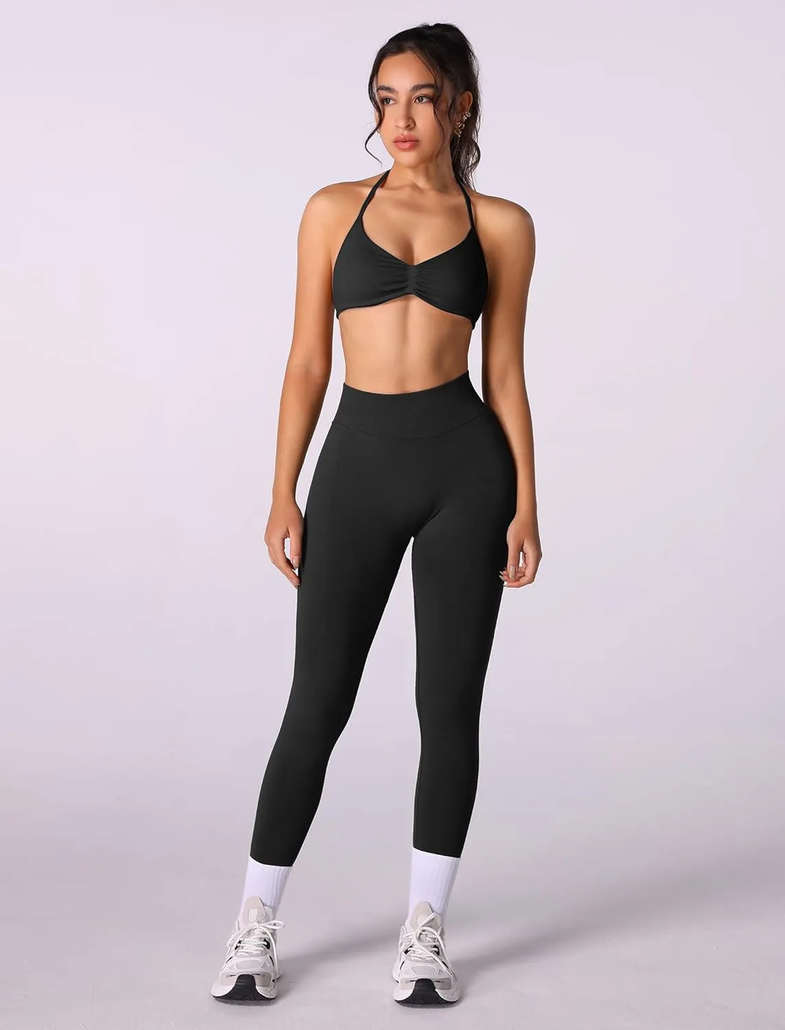ABOCIW Workout Sets for Women 2 Piece Seamless Halter Sports Bra Scrunch Butt High Waist Leggings Gym Yoga Outfits