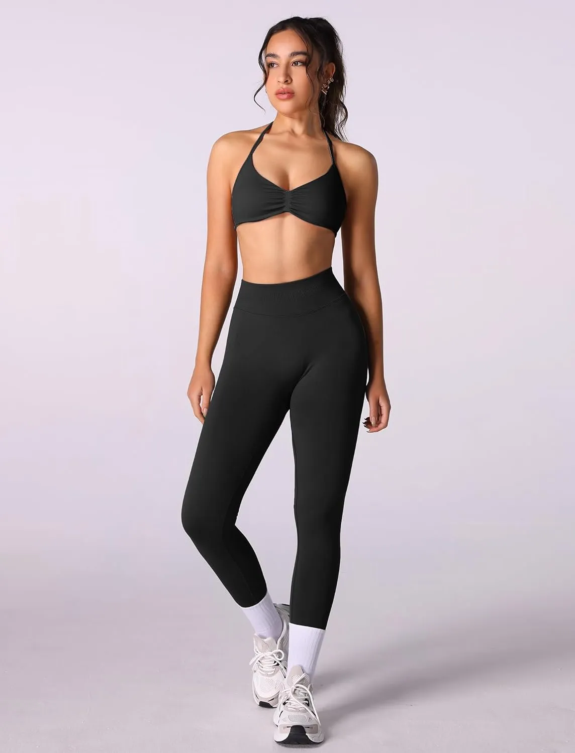 ABOCIW Workout Sets for Women 2 Piece Seamless Halter Sports Bra Scrunch Butt High Waist Leggings Gym Yoga Outfits