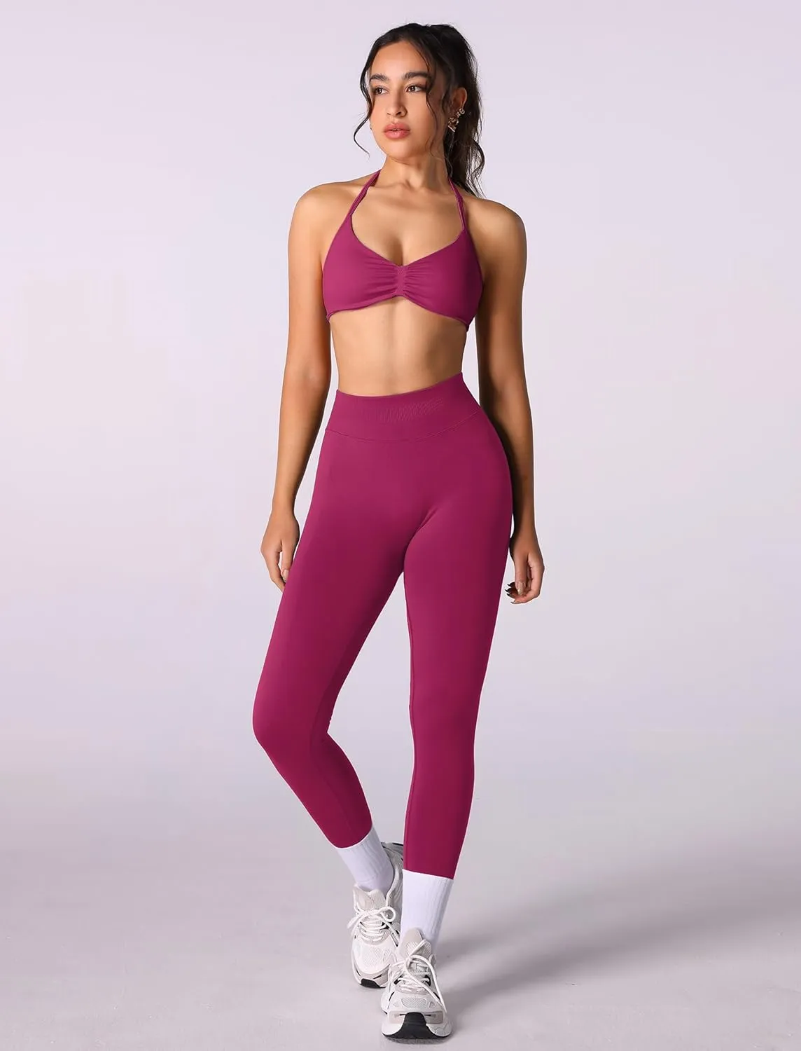 ABOCIW Workout Sets for Women 2 Piece Seamless Halter Sports Bra Scrunch Butt High Waist Leggings Gym Yoga Outfits