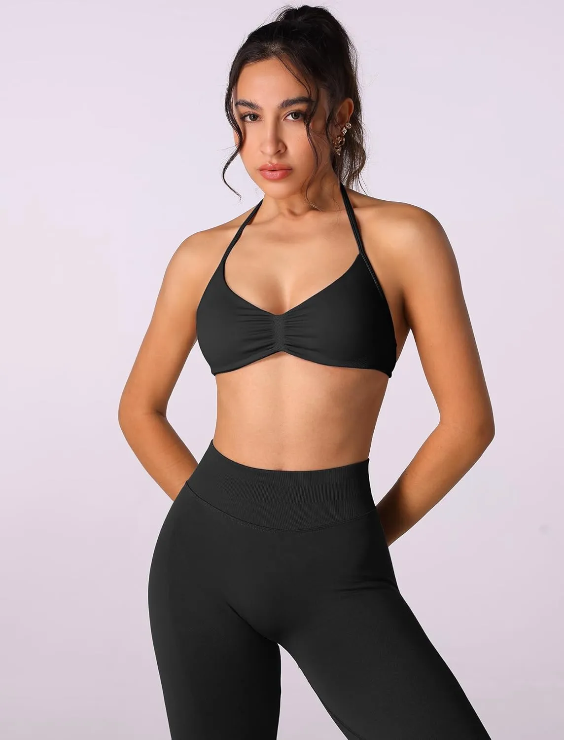 ABOCIW Workout Sets for Women 2 Piece Seamless Halter Sports Bra Scrunch Butt High Waist Leggings Gym Yoga Outfits