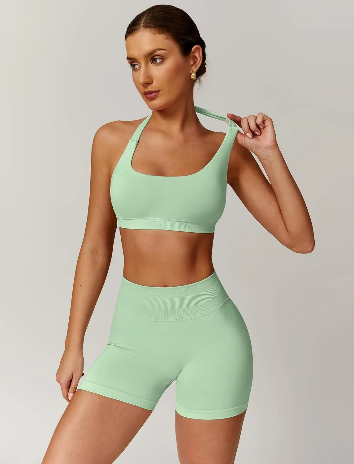 ABOCIW Workout Sets for Women 2 Piece seamless Halter Sports Bra Scrunch Butt Impact Shorts Gym Yoga Outfits