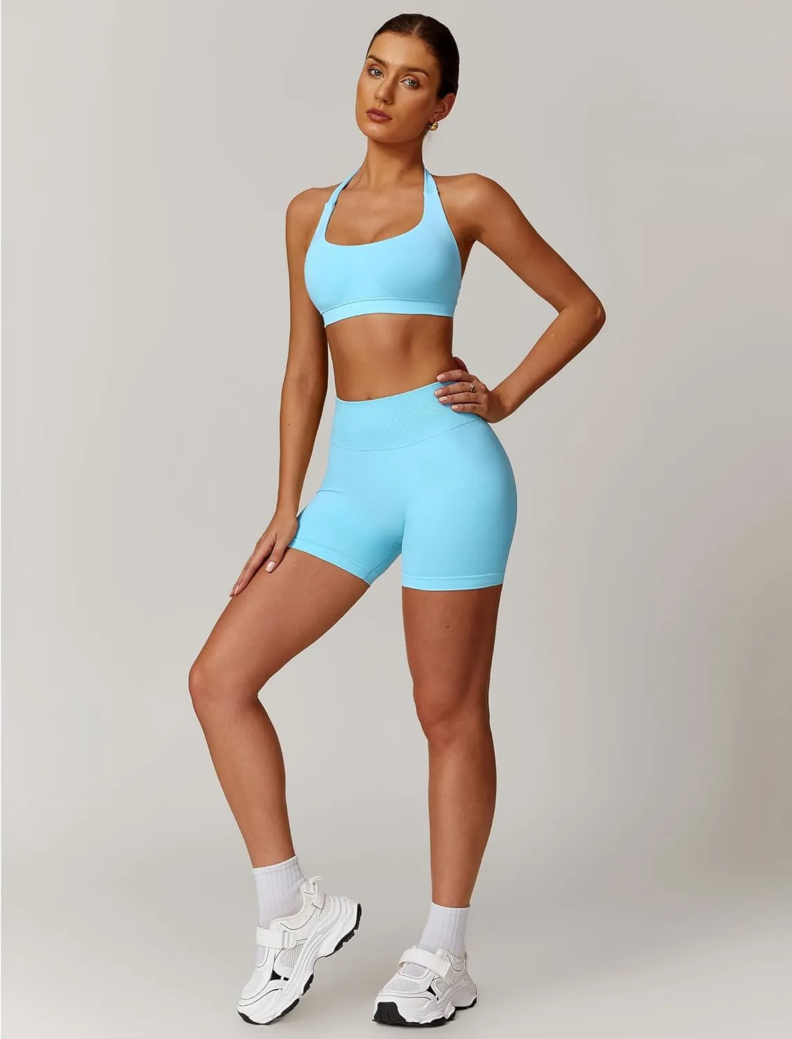 ABOCIW Workout Sets for Women 2 Piece seamless Halter Sports Bra Scrunch Butt Impact Shorts Gym Yoga Outfits