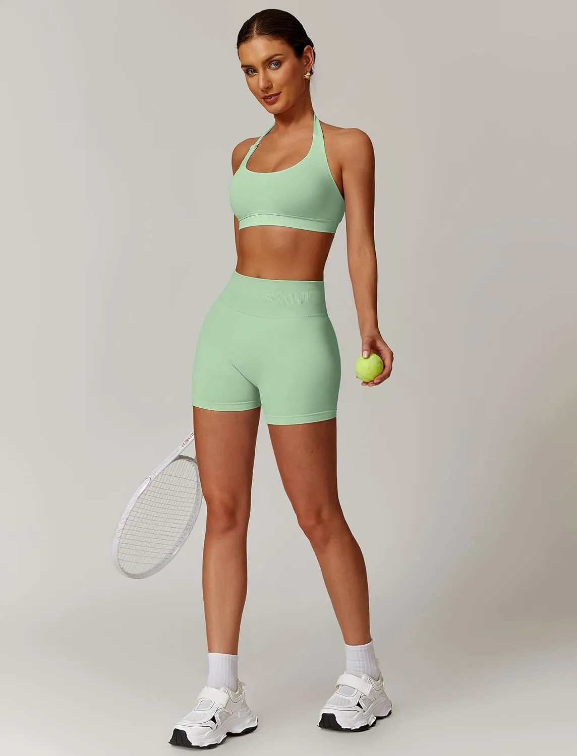 ABOCIW Workout Sets for Women 2 Piece seamless Halter Sports Bra Scrunch Butt Impact Shorts Gym Yoga Outfits