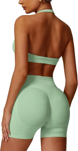 ABOCIW Workout Sets for Women 2 Piece seamless Halter Sports Bra Scrunch Butt Impact Shorts Gym Yoga Outfits