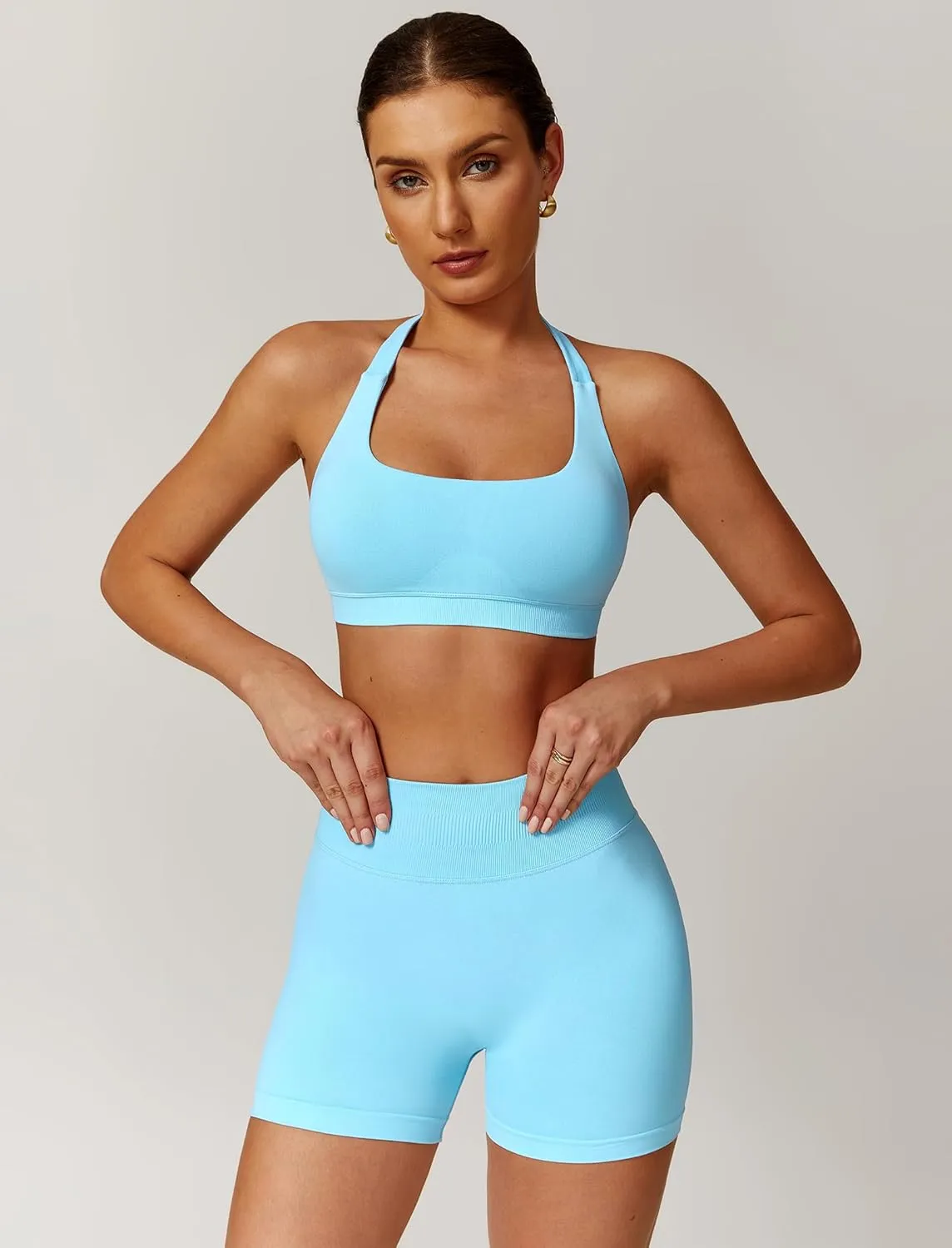 ABOCIW Workout Sets for Women 2 Piece seamless Halter Sports Bra Scrunch Butt Impact Shorts Gym Yoga Outfits