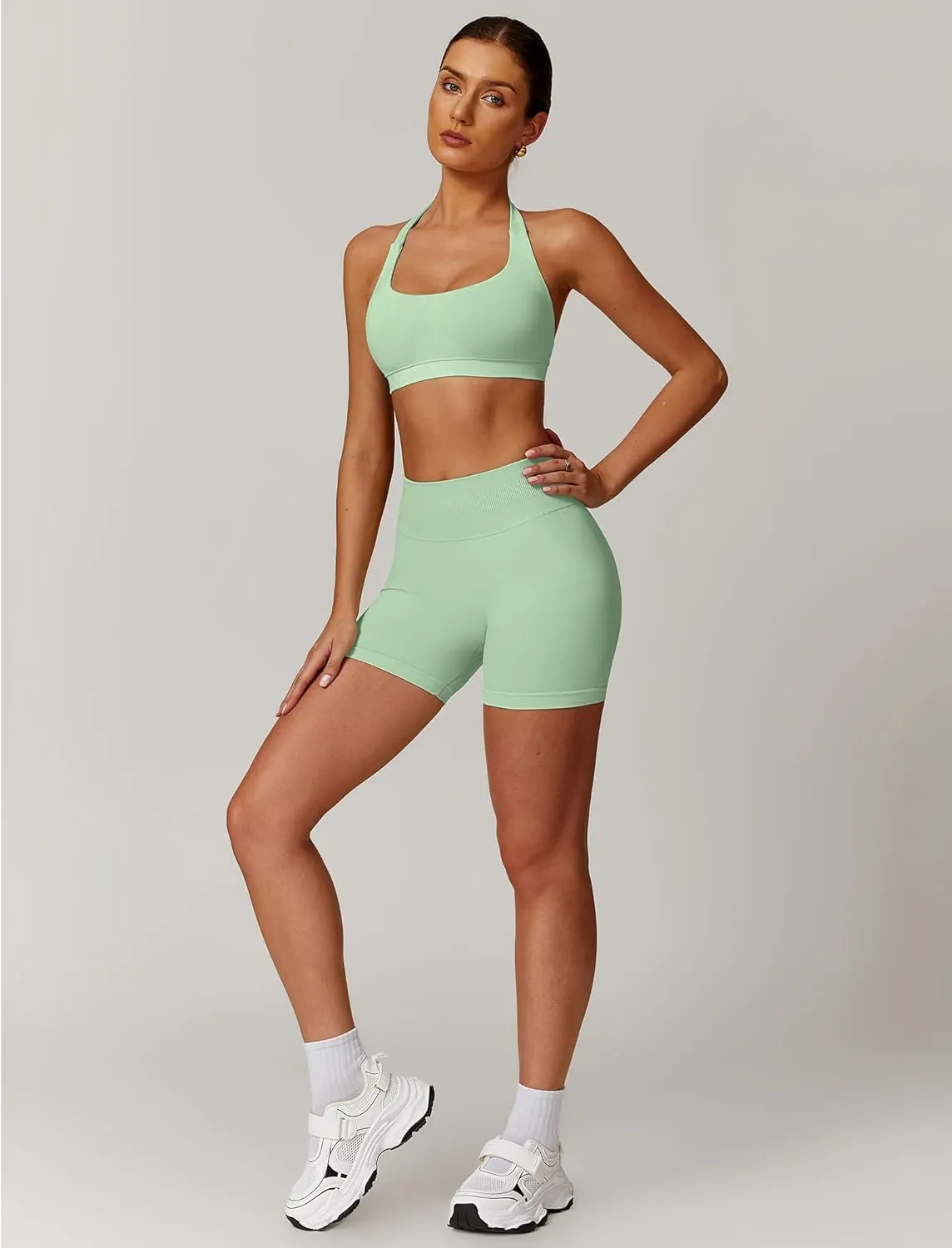 ABOCIW Workout Sets for Women 2 Piece seamless Halter Sports Bra Scrunch Butt Impact Shorts Gym Yoga Outfits