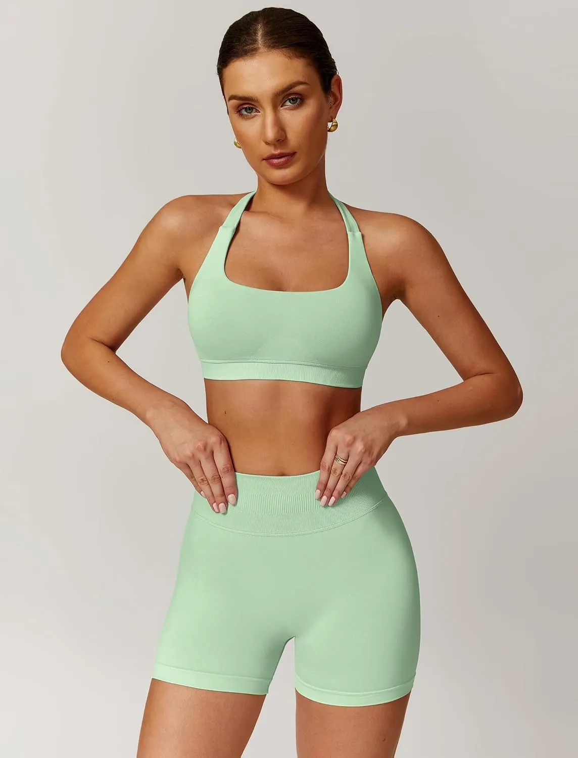 ABOCIW Workout Sets for Women 2 Piece seamless Halter Sports Bra Scrunch Butt Impact Shorts Gym Yoga Outfits