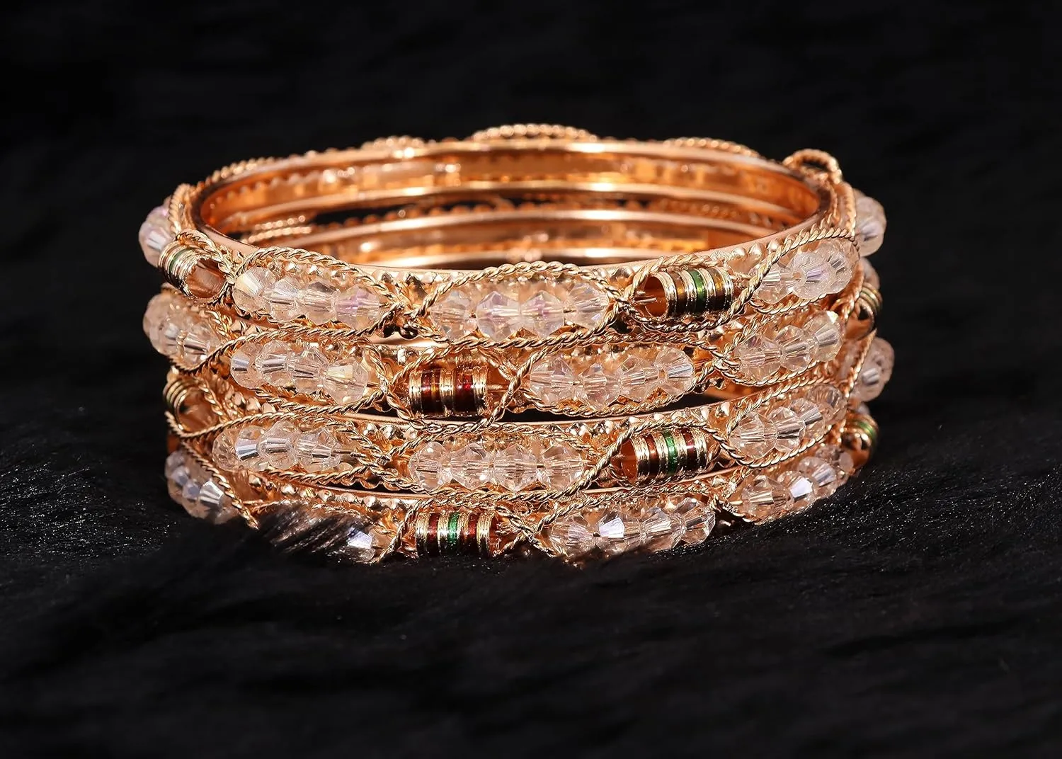 Alloy Metal Golden Bangles Set For Girls & Women Studded Pearls, Beads and Chain | Stylish Bangles Set | Fancy Bangles Jewellery | Women's Bangle | (Pack of 4)