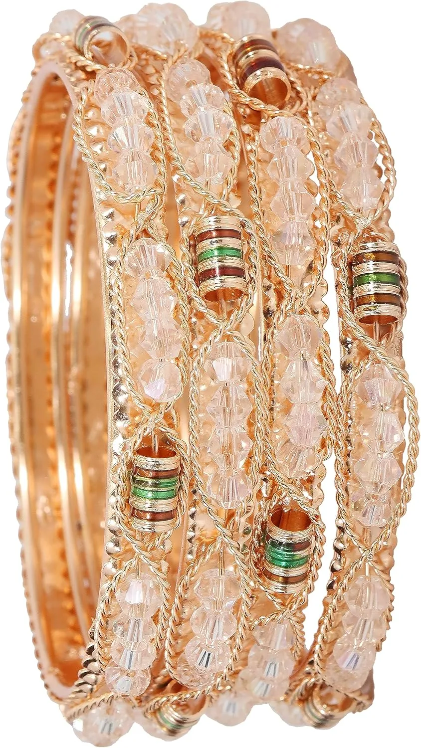 Alloy Metal Golden Bangles Set For Girls & Women Studded Pearls, Beads and Chain | Stylish Bangles Set | Fancy Bangles Jewellery | Women's Bangle | (Pack of 4)