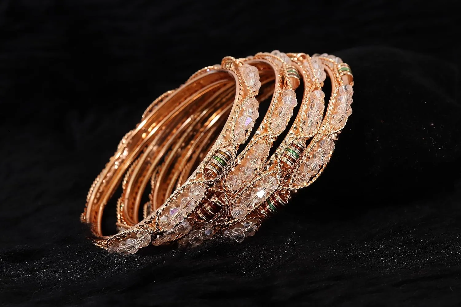 Alloy Metal Golden Bangles Set For Girls & Women Studded Pearls, Beads and Chain | Stylish Bangles Set | Fancy Bangles Jewellery | Women's Bangle | (Pack of 4)