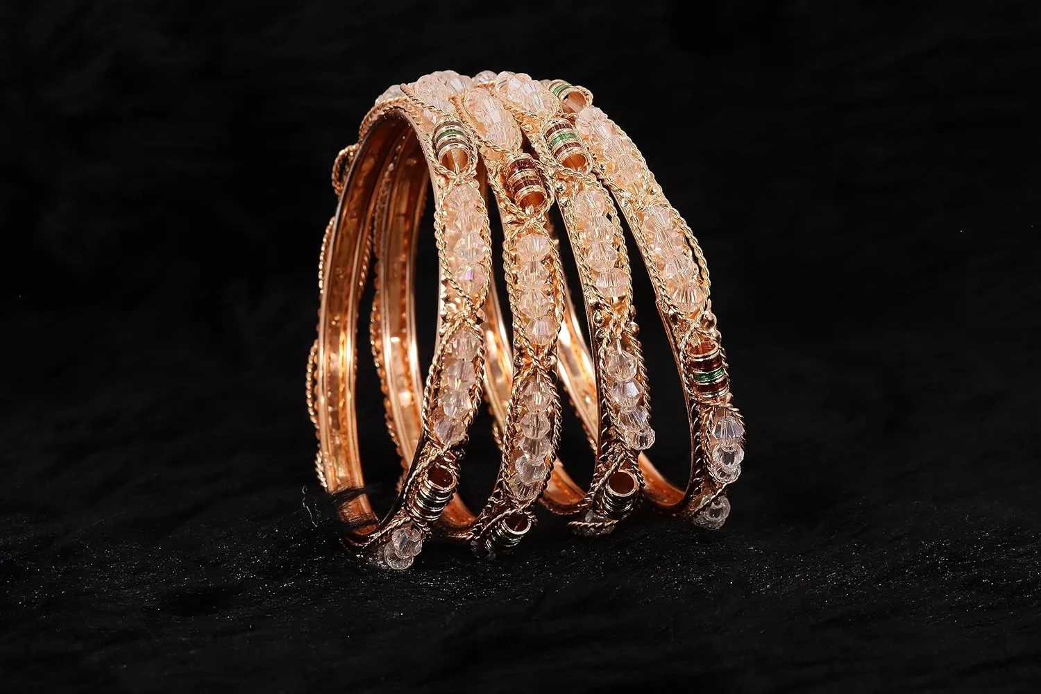 Alloy Metal Golden Bangles Set For Girls & Women Studded Pearls, Beads and Chain | Stylish Bangles Set | Fancy Bangles Jewellery | Women's Bangle | (Pack of 4)