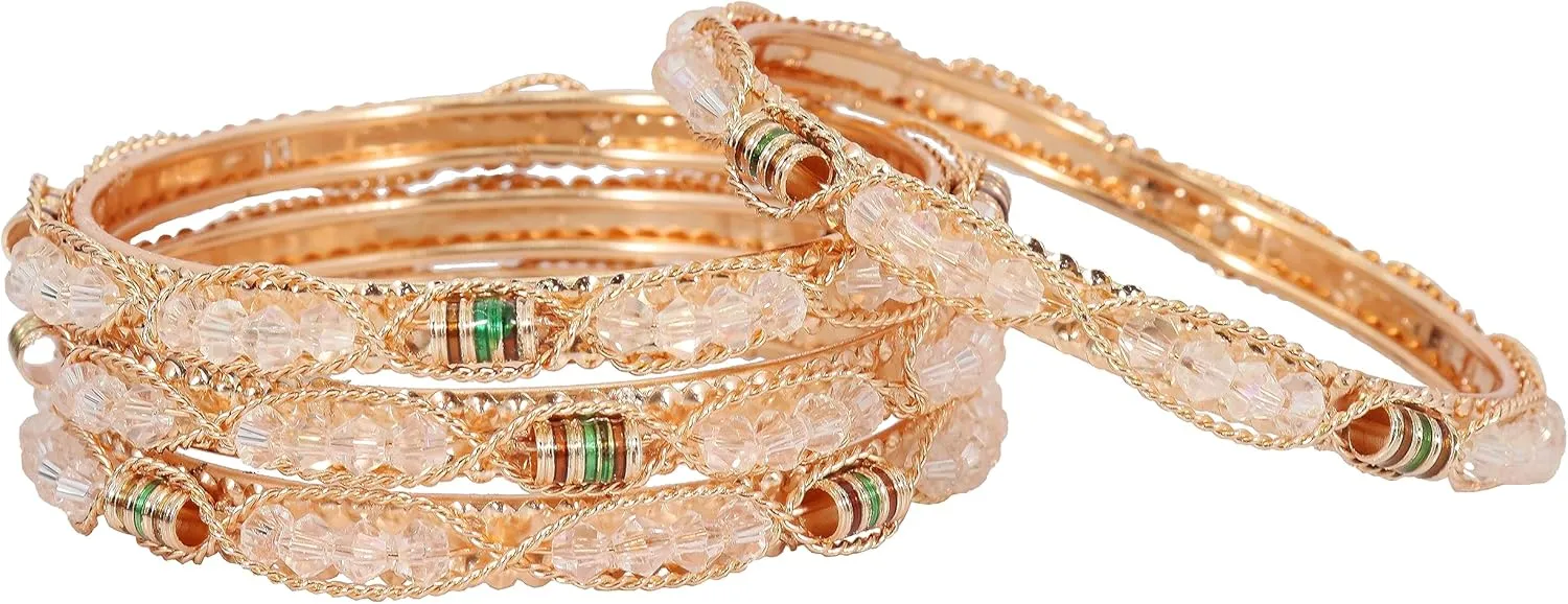 Alloy Metal Golden Bangles Set For Girls & Women Studded Pearls, Beads and Chain | Stylish Bangles Set | Fancy Bangles Jewellery | Women's Bangle | (Pack of 4)