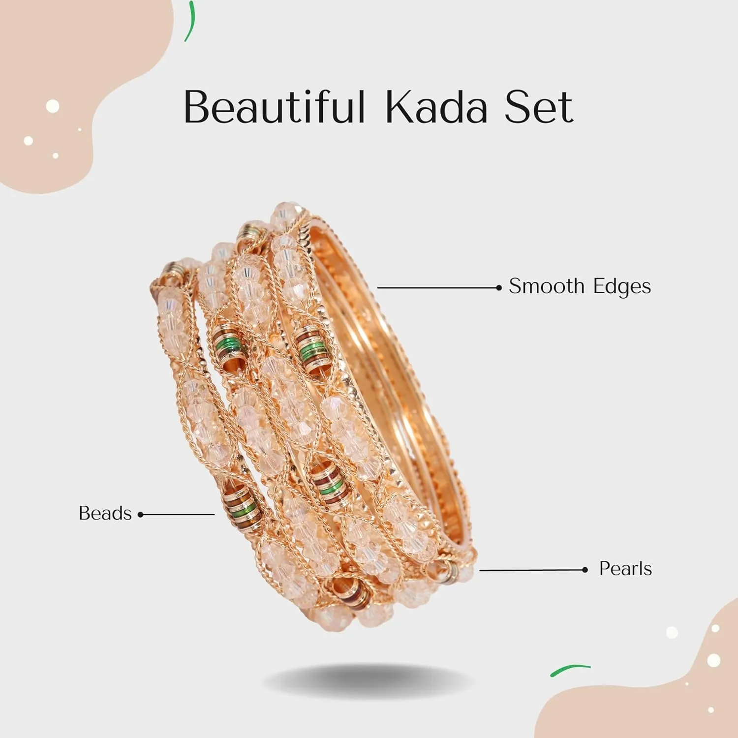 Alloy Metal Golden Bangles Set For Girls & Women Studded Pearls, Beads and Chain | Stylish Bangles Set | Fancy Bangles Jewellery | Women's Bangle | (Pack of 4)