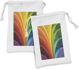 Ambesonne Colorful Fabric Pouch Set of 2, Abstract Style Illustration of Curving Rainbow Strips Paper Like Folded Design, Small Drawstring Bag for Toiletries Masks and Favors, 9" x 6", Multicolor