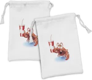 Ambesonne Crabs Fabric Pouch Set of 2, Thirsty Marine Animal with Drink on a Paper Cup with Straw Summertime Theme, Small Drawstring Bag for Toiletries Masks and Favors, 9" x 6", Vermilion White Blue