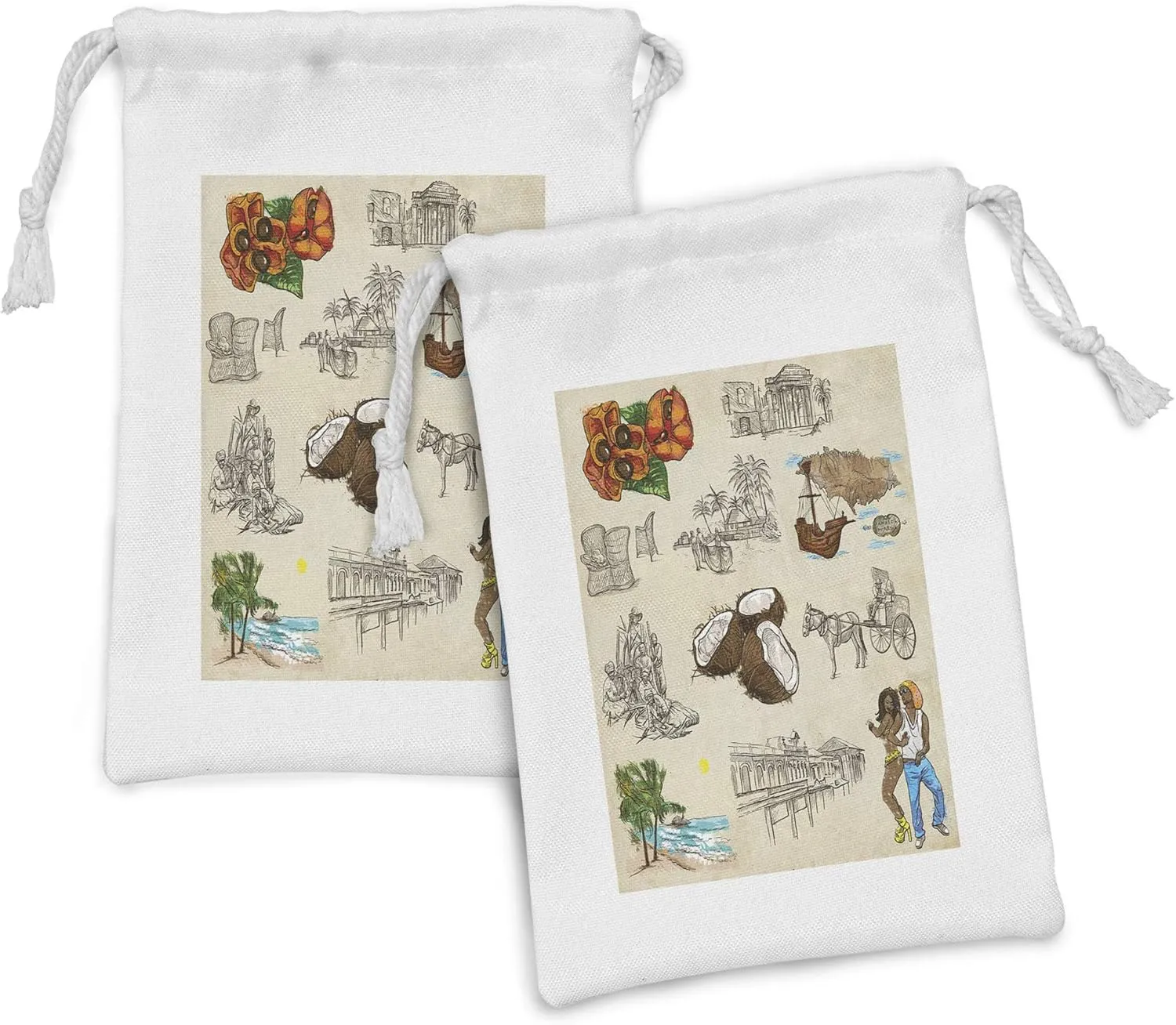 Ambesonne Jamaican Fabric Pouch Set of 2, Hand Drawn Illustrations of Elements from Caribbean Cultures Old Paper Effect, Small Drawstring Bag for Toiletries Masks and Favors, 9" x 6", Multicolor